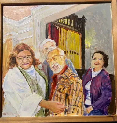Matalie Deane's painting of Connie greeting parishioners, given to Connie in thanksgiving for her service